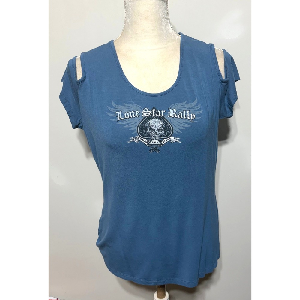 Vance Biker Wear Lone Star Rally 2023 Galveston Skull Crochet Back Tee Blue 2XL
